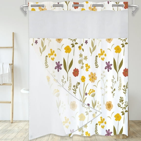 Dznils White No Hook Fabric Shower Curtain with Snap-in Liner, 72" x 74", Yellow Floral Patterned