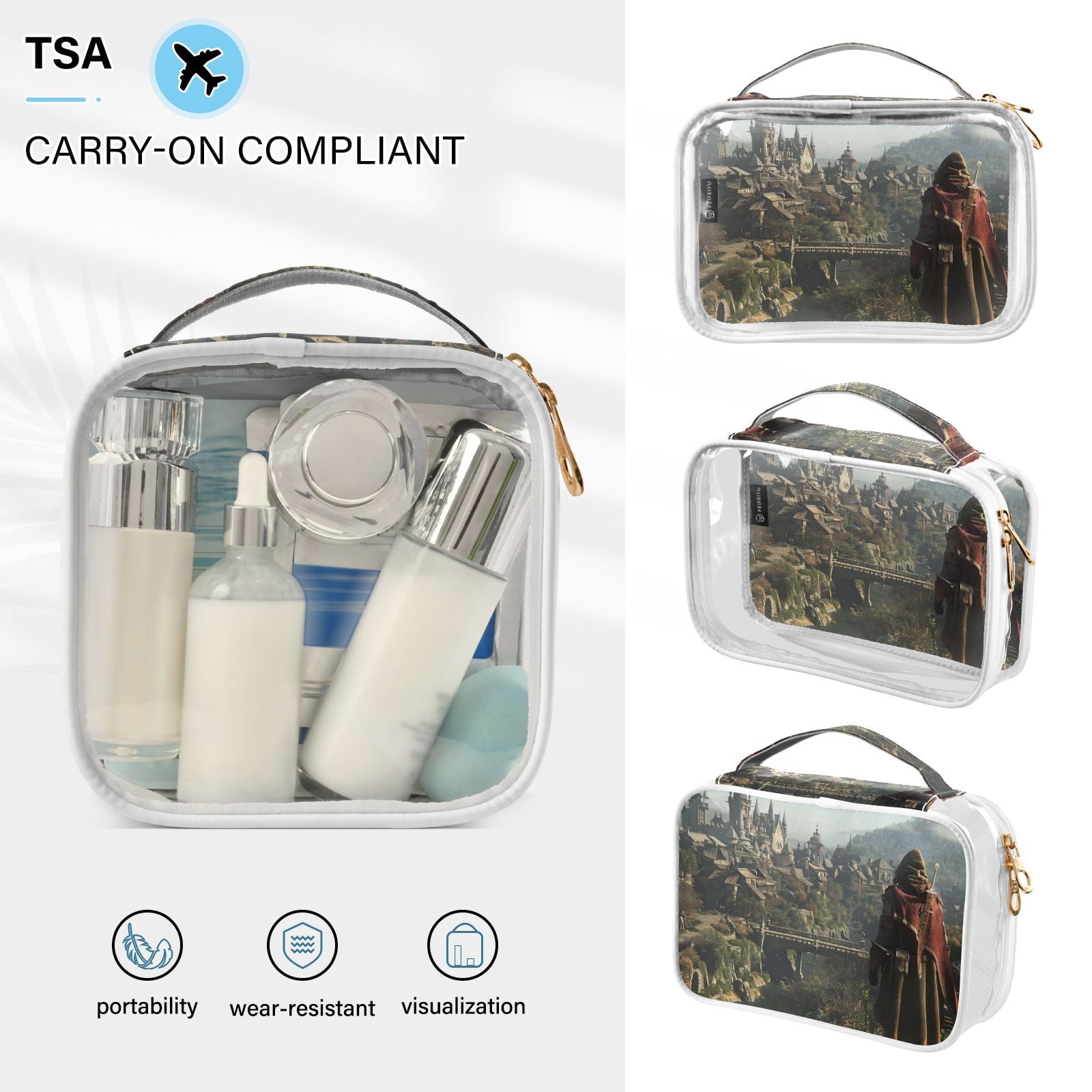 Clear Makeup Bags with Handle Large Opening 2 Pack Set Toiletry Bag Quart Size Bag, for Women Man Traveling Travel Essentials, Toiletries and Other. Game Graphic Capture