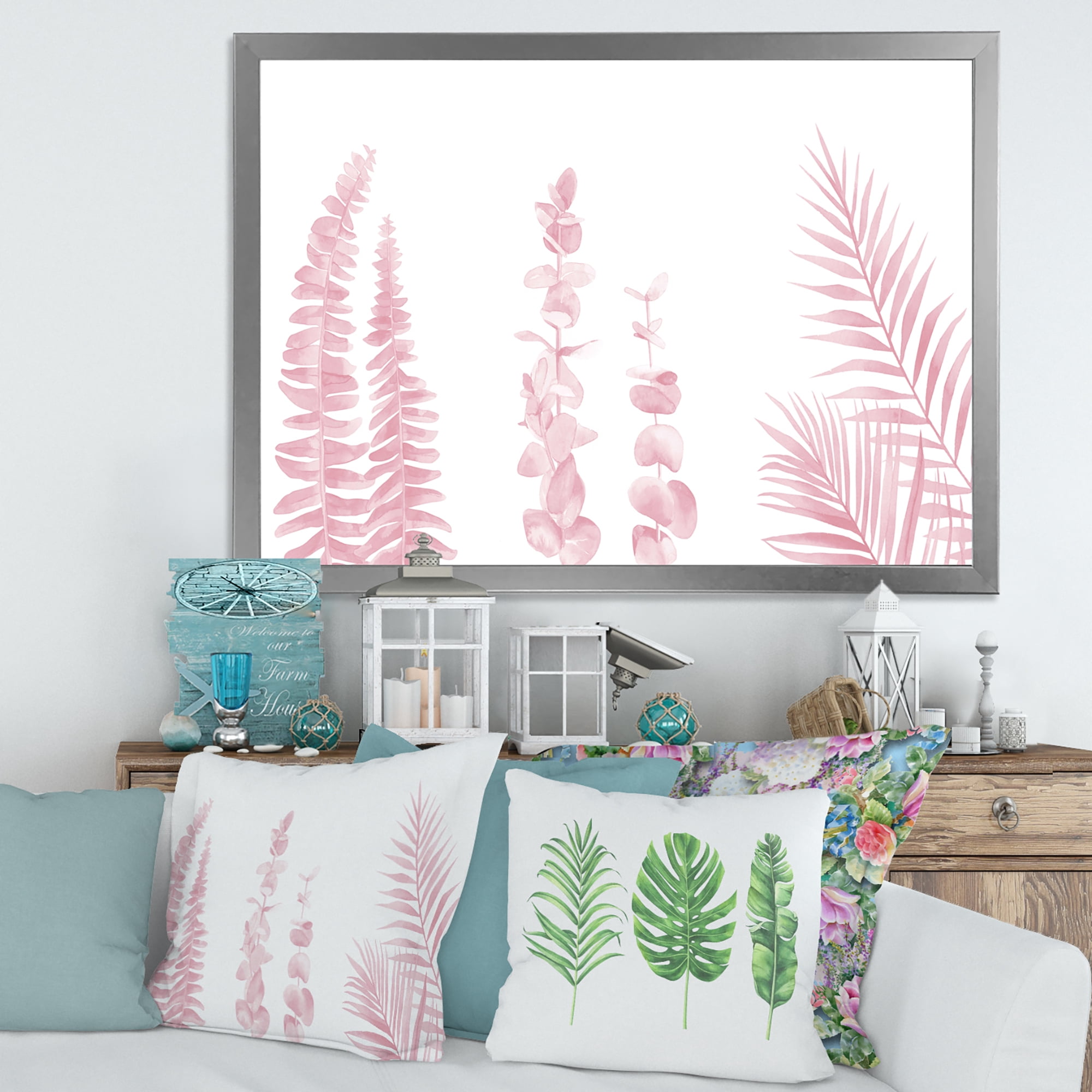 Designart 'Palm Branches and Blush Pinkeucalyptus' Shabby Chic Framed Art Print