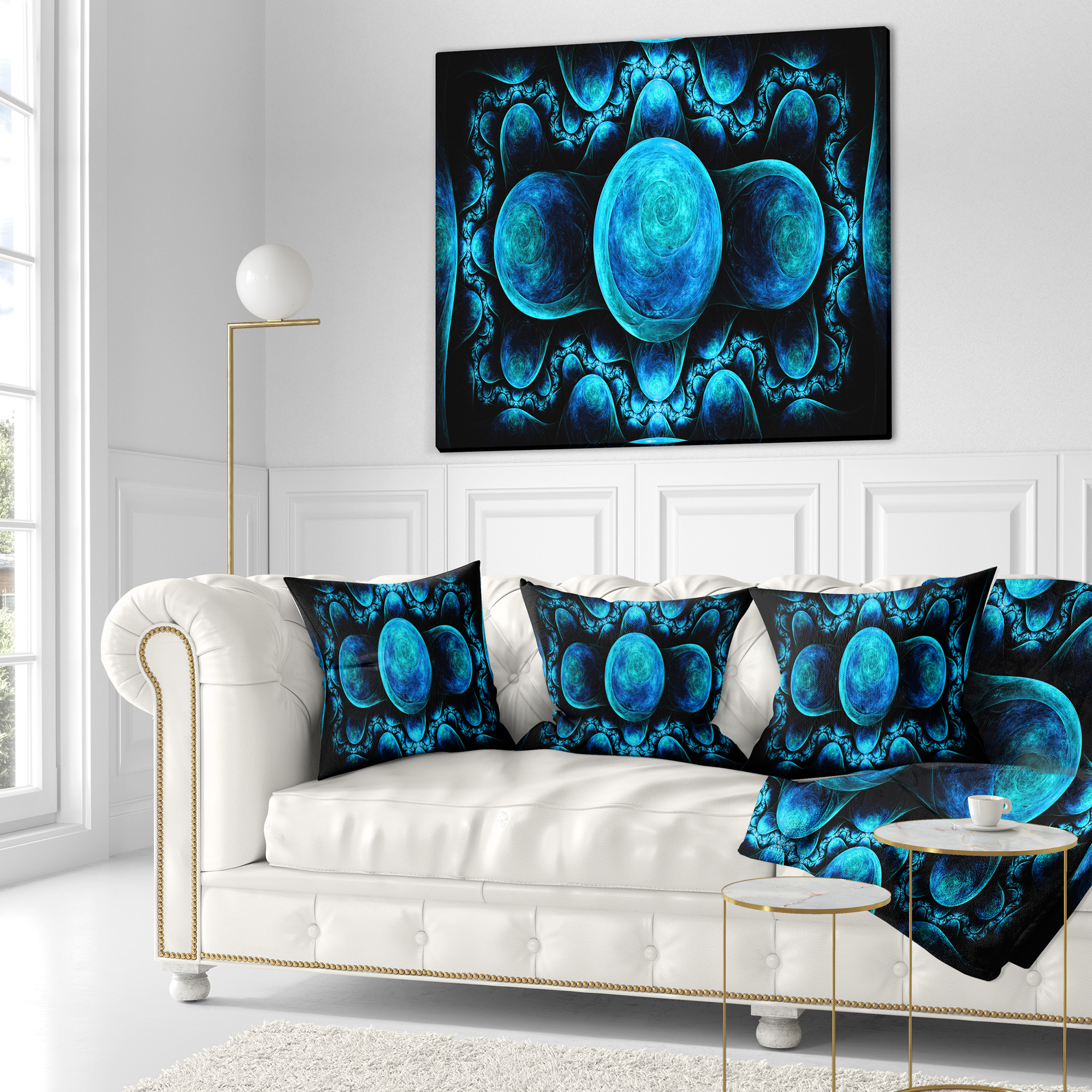 Designart Blue Exotic Pattern on Black - Abstract Throw Pillow - 18x18