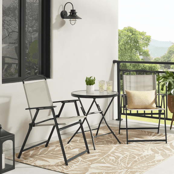 3-Piece Outdoor Foldable Bistro Set, Patio Metal Furniture with 2 Folding Chairs & Round Tempered Glass Table for Balcony Garden Backyard, Beige