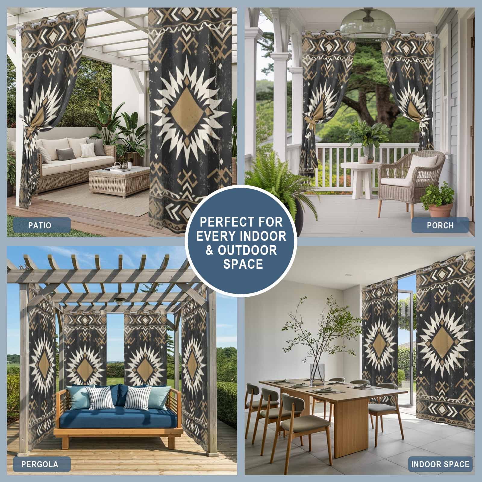 Sunburst Emblem Outdoor Curtains for Patio, Boho Black Tribal Rustic Brown Retro Geometric Sunshade Privacy Drapes Grommet Waterproof Outside Curtains for Porch/Cabana/Balcony 54"x 108", 1 Panel