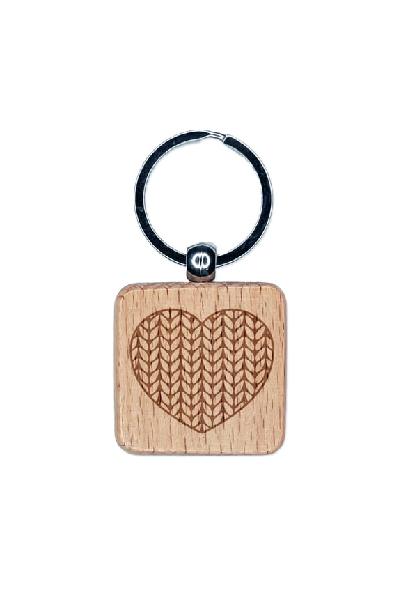 Adorable Knitted Heart Knitting Yarn Crafts Square Keychain Charm Tag - Engraved Wood