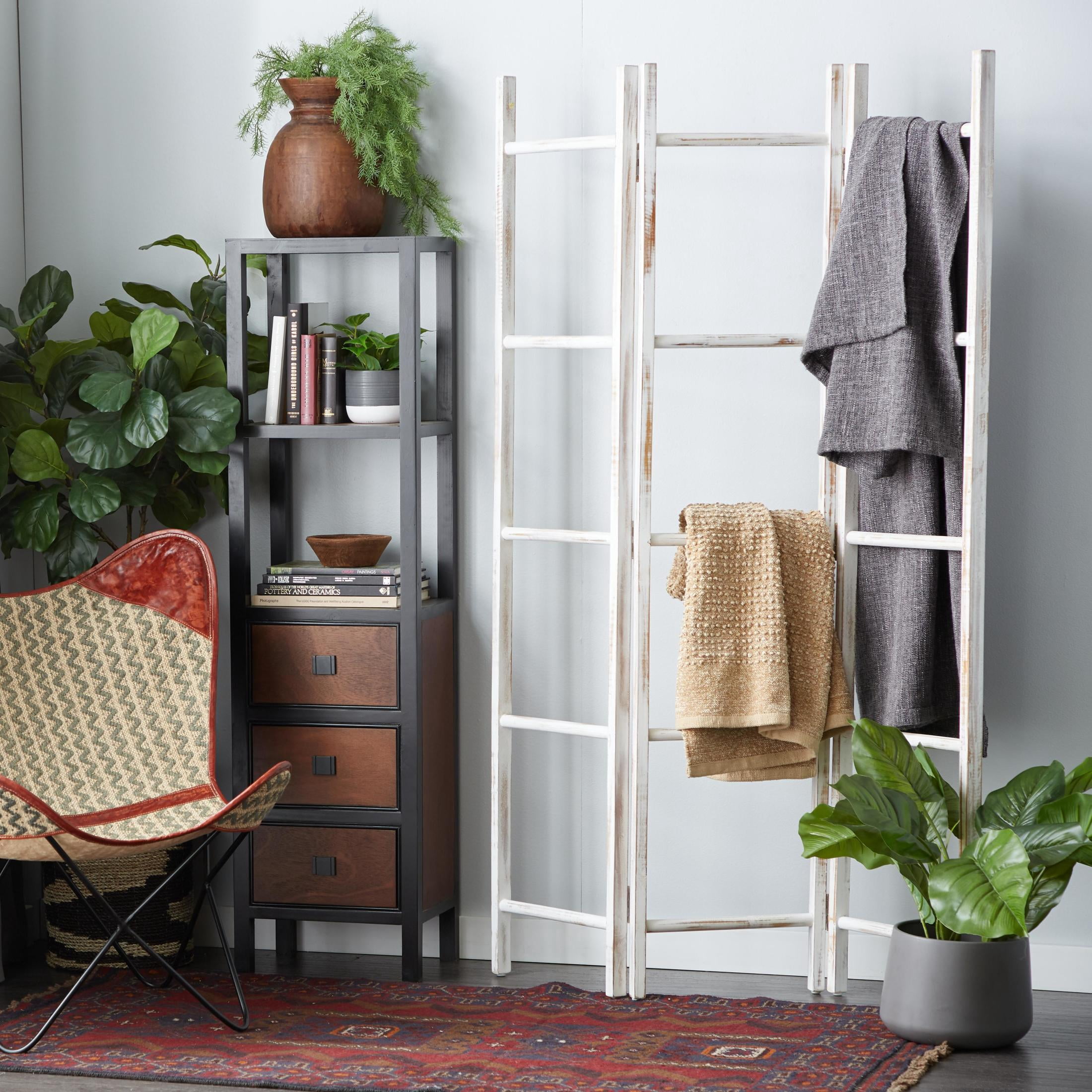 DecMode 48" x 71" White Wood Ladder 15 Rung Ladder with 3 Panels, 1-Piece