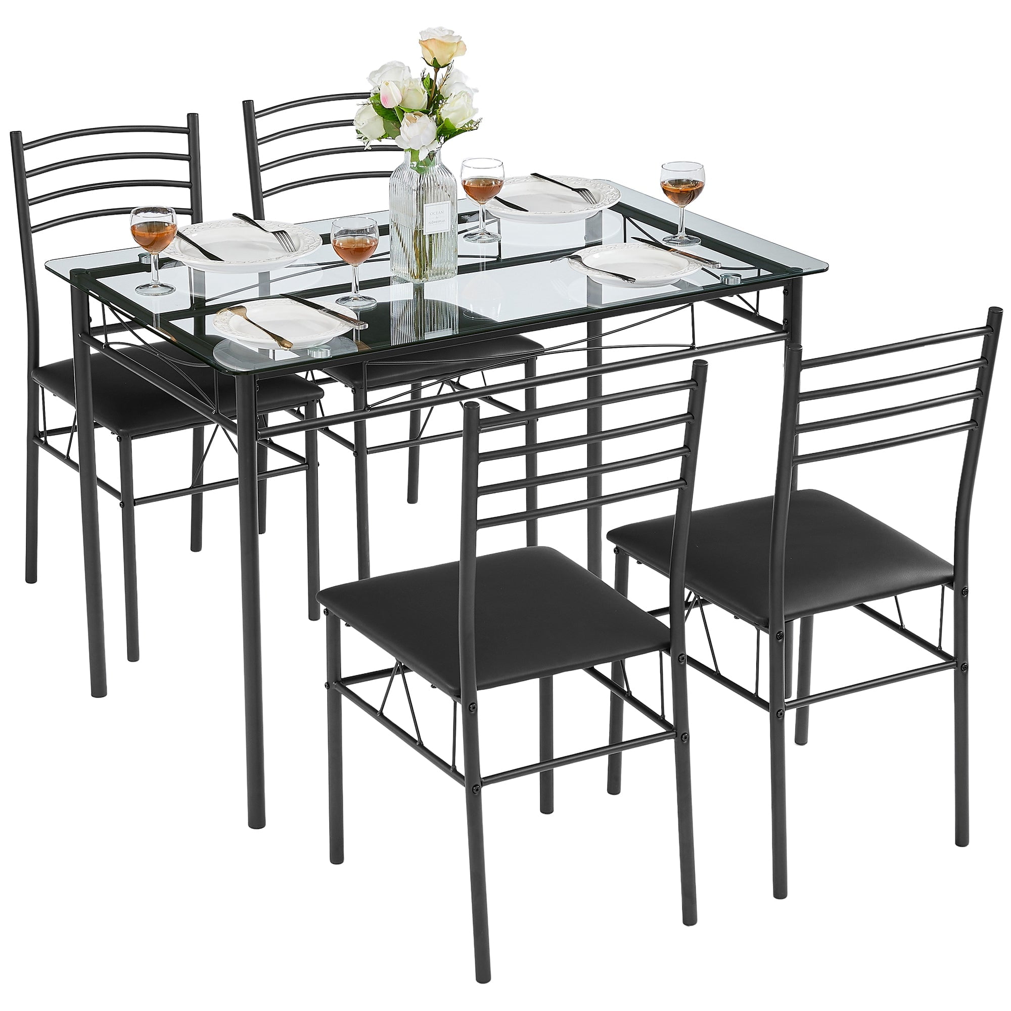 VECELO 5Piece Dining Room Set Glass Top Table with 4 Chairs for