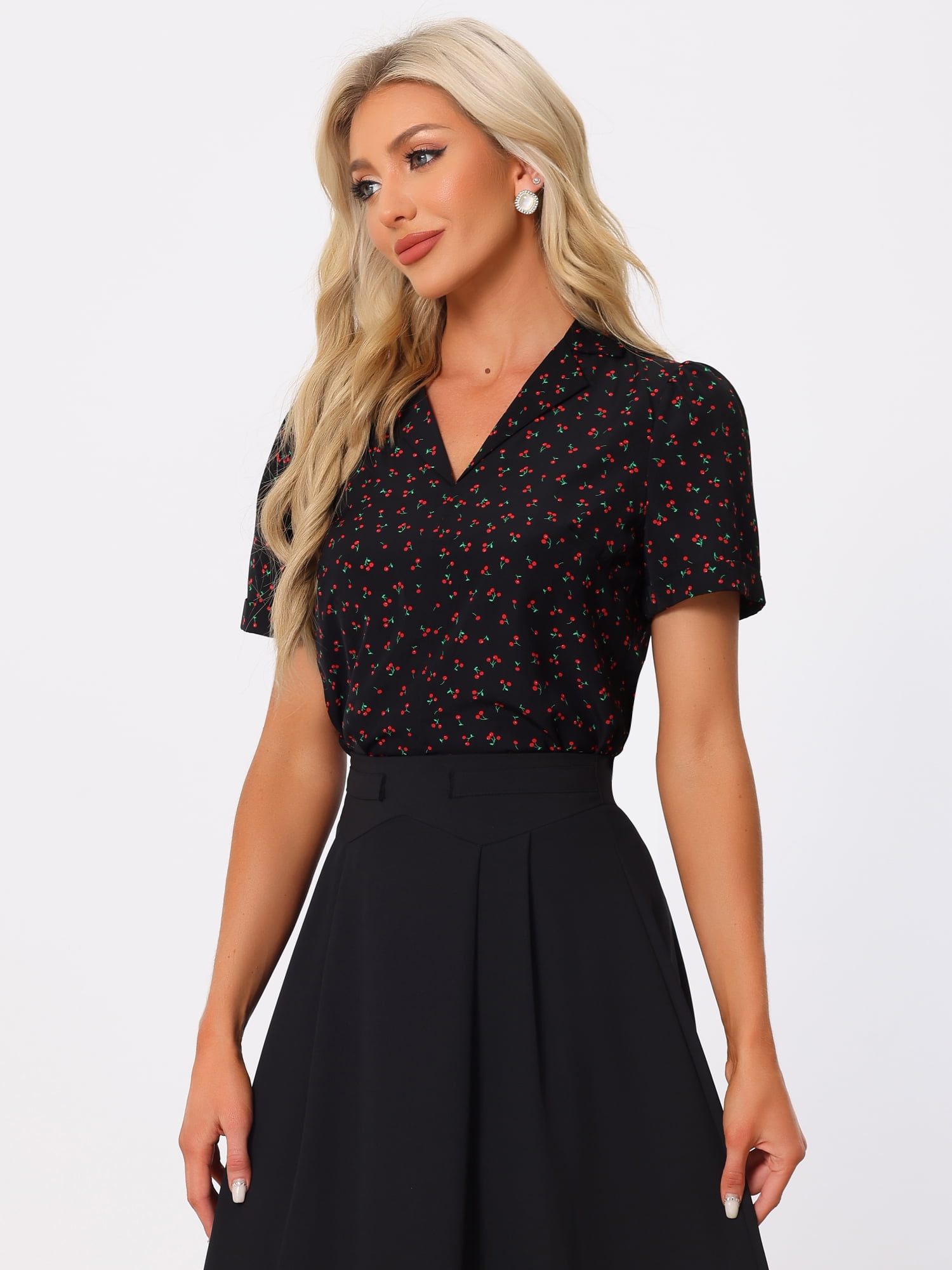 DARING DIVA Women's Short Sleeve V Neck Notch Lapel Collar Shirt S Black