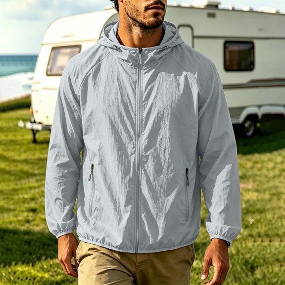 KIHOUT Men's UPF50 Quick Dry Solid Color Hooded Windbreaker Lightweight Full Zip Breathable UV Protection Jacket for Outdoor Sports