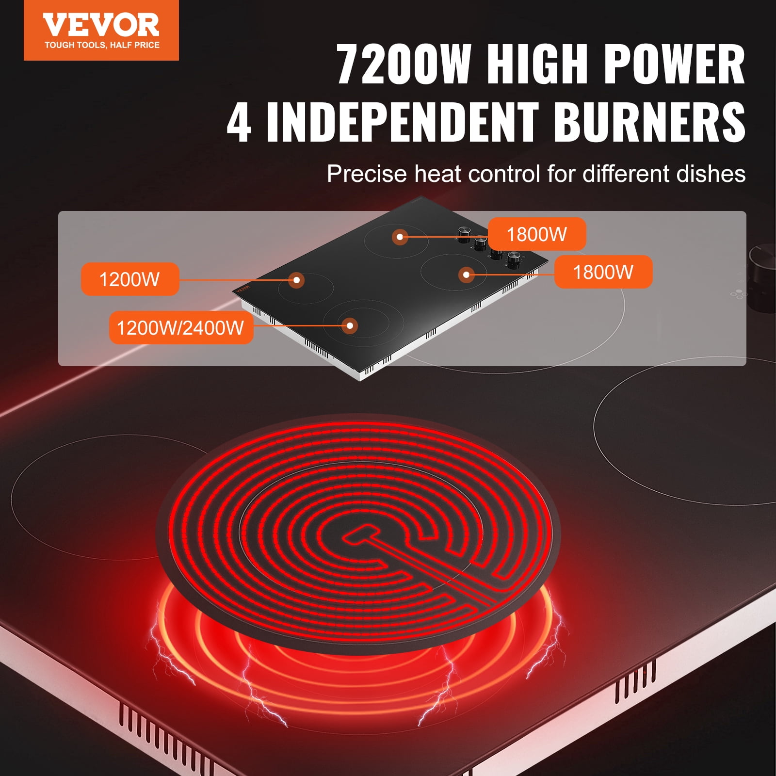 VEVOR Electric Cooktop, 30 inch 4 Burners Built-in Electric Stove Top, 7200W Ceramic Top Radiant Cooktop, with Glass Panel, Knob Control, 11 Heat Levels, 220-240V, Hard Wire (No Plug)