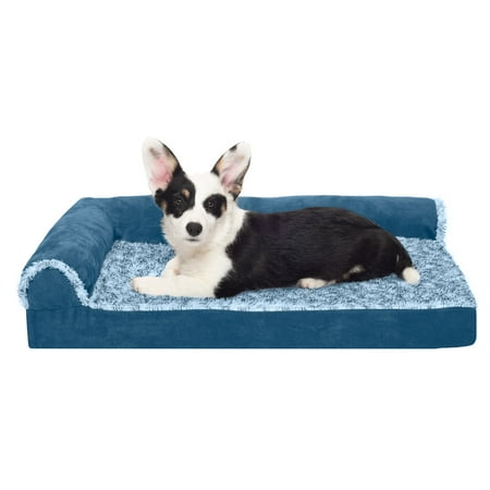 UPC: 0842229123739 | FurHaven Pet Products Two-Tone Faux Fur & Suede Deluxe Orthopedic Chaise Lounge Pet Bed for Dogs & Cats – Marine Blue Medium