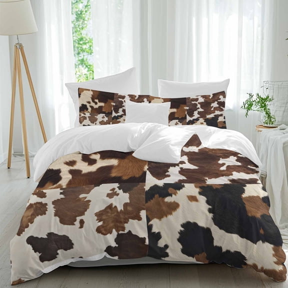 3 Piece Cow Patterned Duvet Cover Set Queen Size,Microfiber Comforter/Quilt Cover with Corner Ties and 2 Pillowcases,Vintage Farmhouse Abstract Country Western All Season Bedding with Zipper Closure