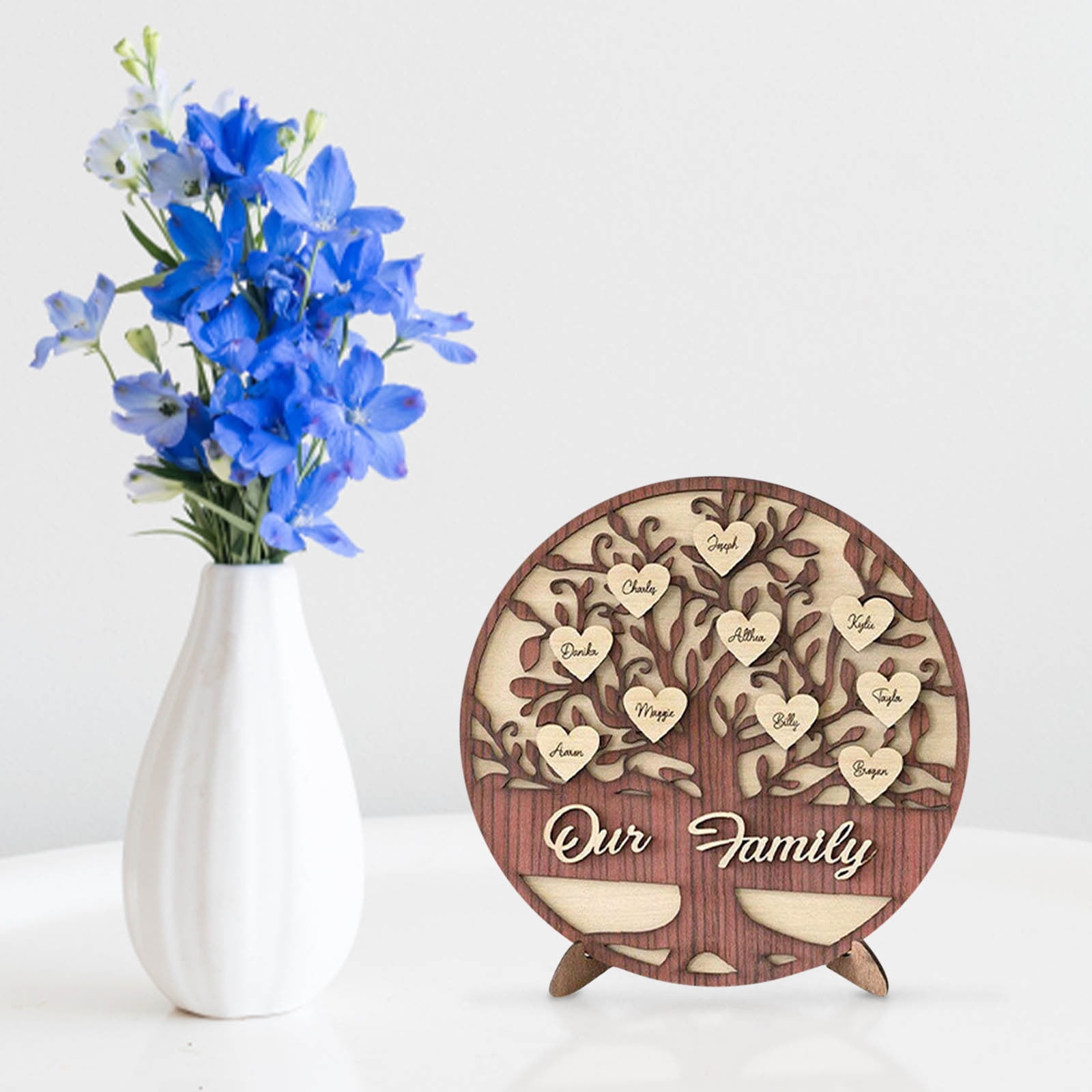 Cadorn Creative Wooden Desktop Ornament – Personalized Family Tree & Heart-Shaped Photo Frame Decor for Living Room