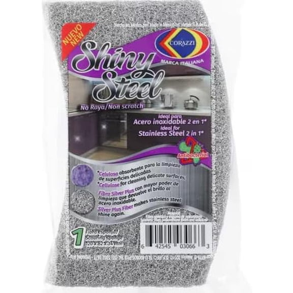 Corazzi Shiny Steel Stainless Steel Cleaning Scrubber Pad, 2-in-1, Non-Scratch, Silver