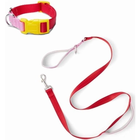 Pet Dog Leash and Collar Set Colorblock (Medium, Red/Pink)