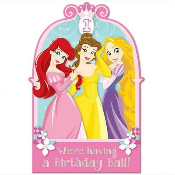 Various Disney Princess 1st Birthday Printed Invitation Set, 8 Count