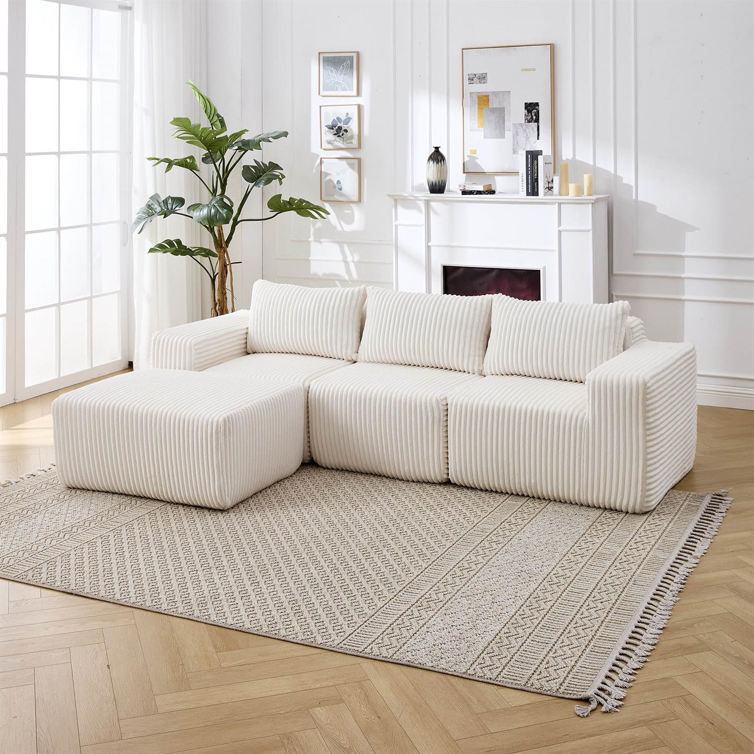 Demi Bonn 125" Modern Modular Sectional Sofa, L-Shaped Upholstered Cloud Couch with Deep Seats & Right Facing Chaise for Living Room, White