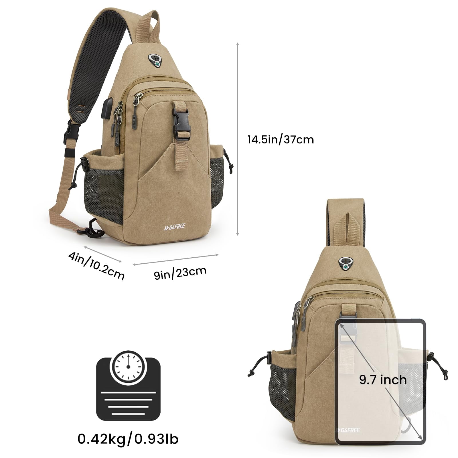 G4Free Canvas Sling Bag Crossbody Backpack with USB Charging Port & RFID Blocking, Hiking Daypack Chest Bag for Women Men