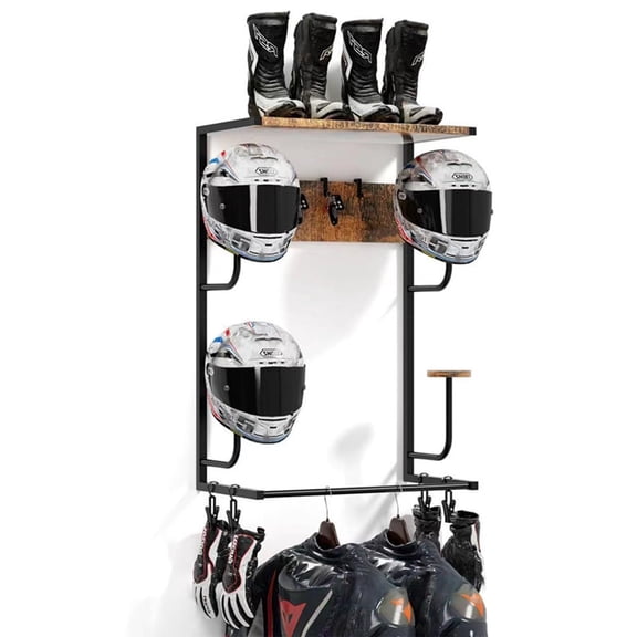 BouPower Motorcycle Helmet Holder Wall Mounted, Helmet Wall Mount with 4 Hat Stands and 4 Hooks, Motorcycle Gear Rack for Most of Helmet and Clothes, Motorcycle Accessories Gear Storage
