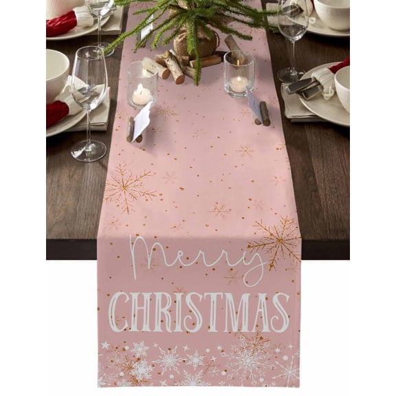 Christmas Table Runner Snowflake Table Runners Merry Christmas Pink Cotton Linen Dresser Scarf Kitchen Dining Table Decor for Christmas Holiday Party Decor 13x90 Inch