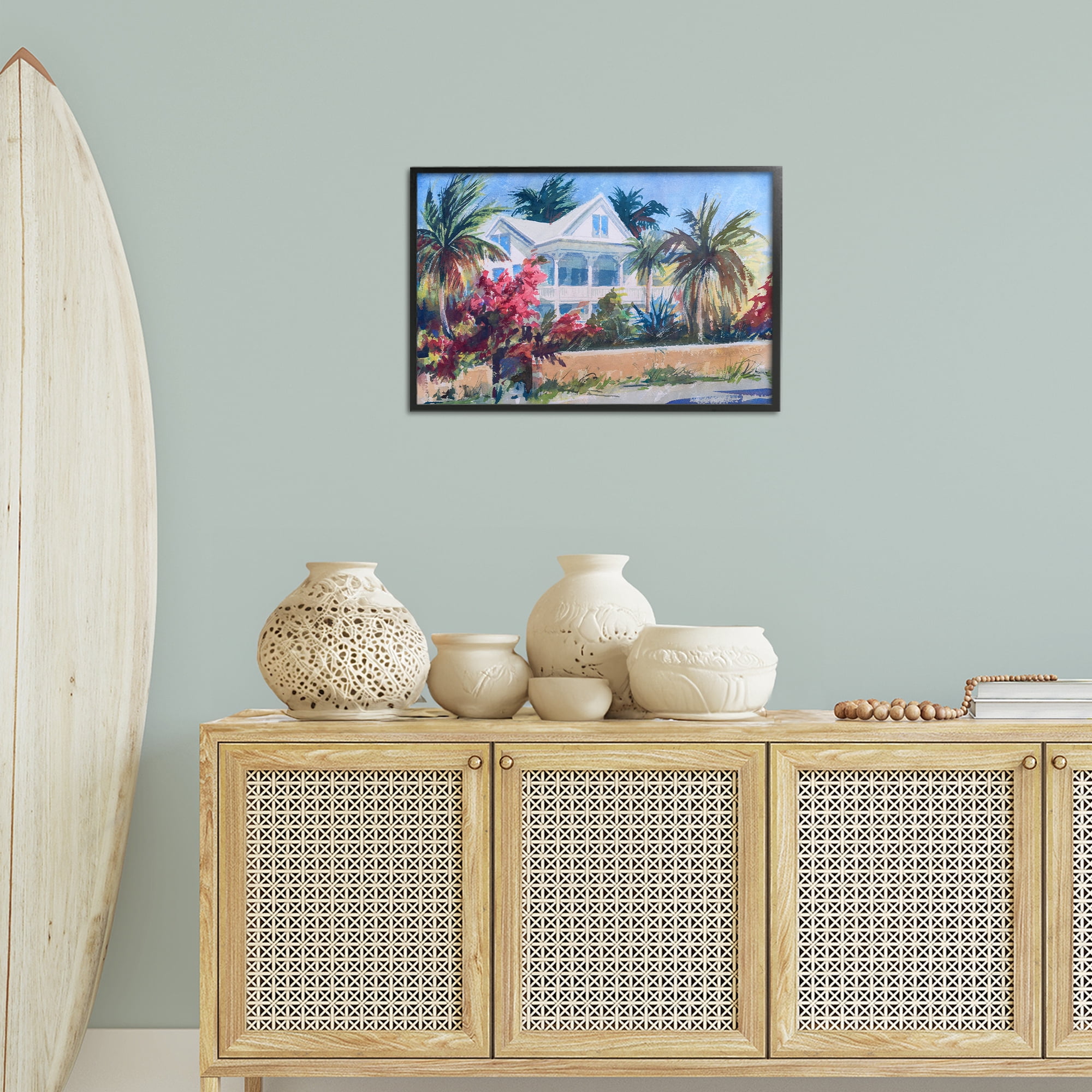Stupell Industries Palm Tree Cottage Landscape Painting Black Framed Art Print Wall Art, 24 x 16