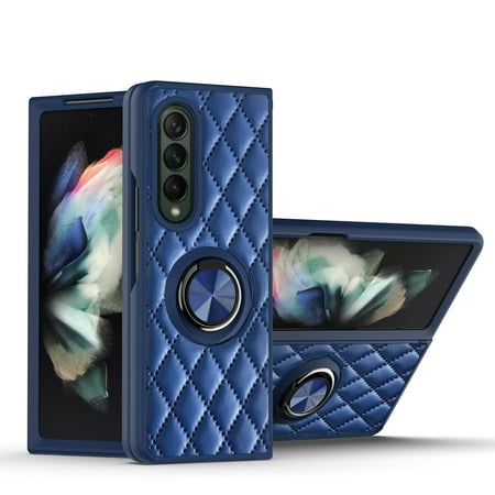 Luxury Shockproof Case For Samsung Galaxy Z Fold 3 5G Grid Leather Slim Hybrid Ring Holder Case