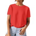 thumbnail image 1 of GPOECD T-Shirts Grande Taille pour Femmes Tricot Texturé Couleur Unie Col Rond Manches Courtes Style Décontracté pour un Port Quotidien Confortable Hauts Décontractés pour Femmes Rouge,P, 1 of 4