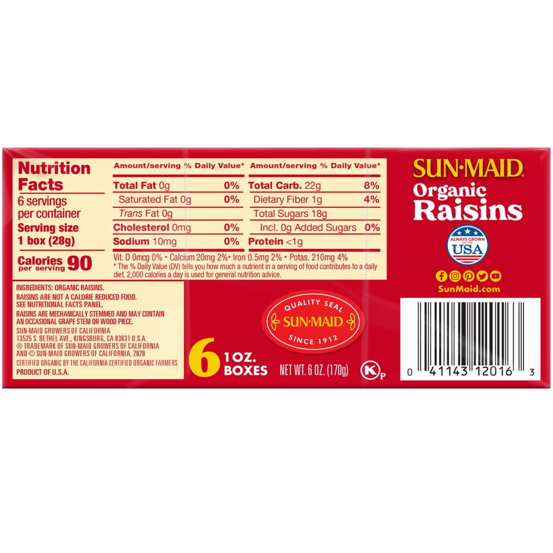 (4 pack) Sun-Maid® California Sun-Dried Organic Raisins 6-Pack/1oz Cartons