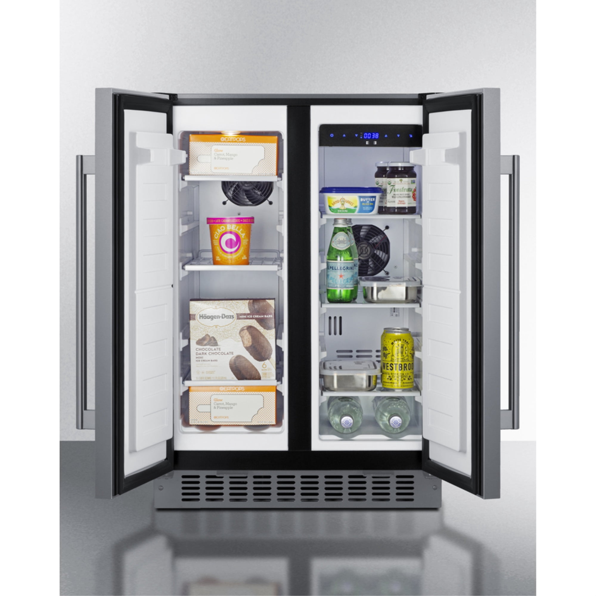 24" wide undercounter frost-free side-by-side refrigerator-freezer in stainless steel with locks, stainless steel handles, and digital controls