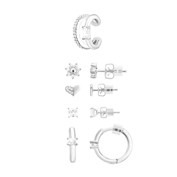 Believe by Brilliance Women's Four Pair Earring Set with Cuff in Fine Silver Plated Brass