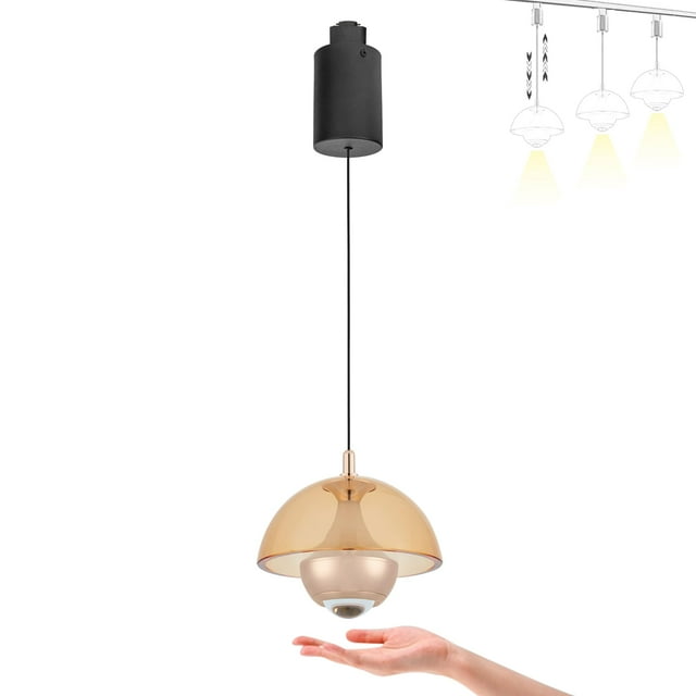 FSLiving Adjustable Height Track Pendnat Light J-Type Retractable Lift Track Pendnat Light with Hand-Sweep Control 10W Stepless Dimming Indoor Island Light Adjustable Wire Lamp,Tawny - 1 Pack
