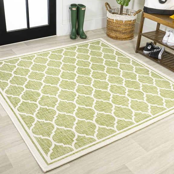 JONATHAN Y SANTA MONICA 5' Square Area Rug, Trebol Moroccan Trellis Textured Weave - Green/Cream, SMB109G-5SQ
