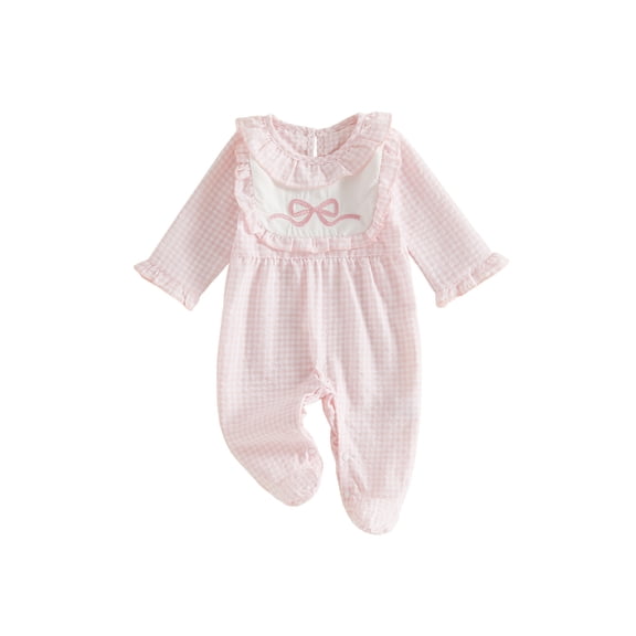 Cjfdfy Newborn Baby Girl Footed Fall Clothes Romper Adorable Bow Embroidery Ruffle Long Sleeve Plaid Jumpsuit Infant Cute Going Coming Home Fall Winter Outfit