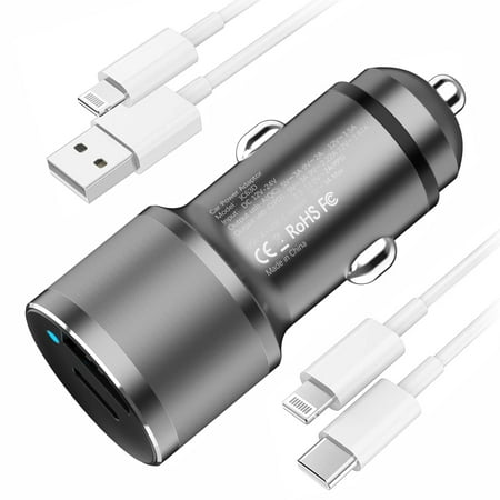 Aluminum Alloy USB C Car Charger-38W Super Fast Car Charger PD 20W PPS & QC3.0 Car Charger Adapter for Samsung Galaxy / iPhone with Two 3.3FT Cables (A-P & C-P), Silver