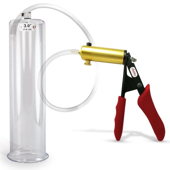 LeLuv Ultima Penis Pump, Brass w/ Red Handle, Silicone Grip, Clear Hose | 12" x 3.00" Cylinder