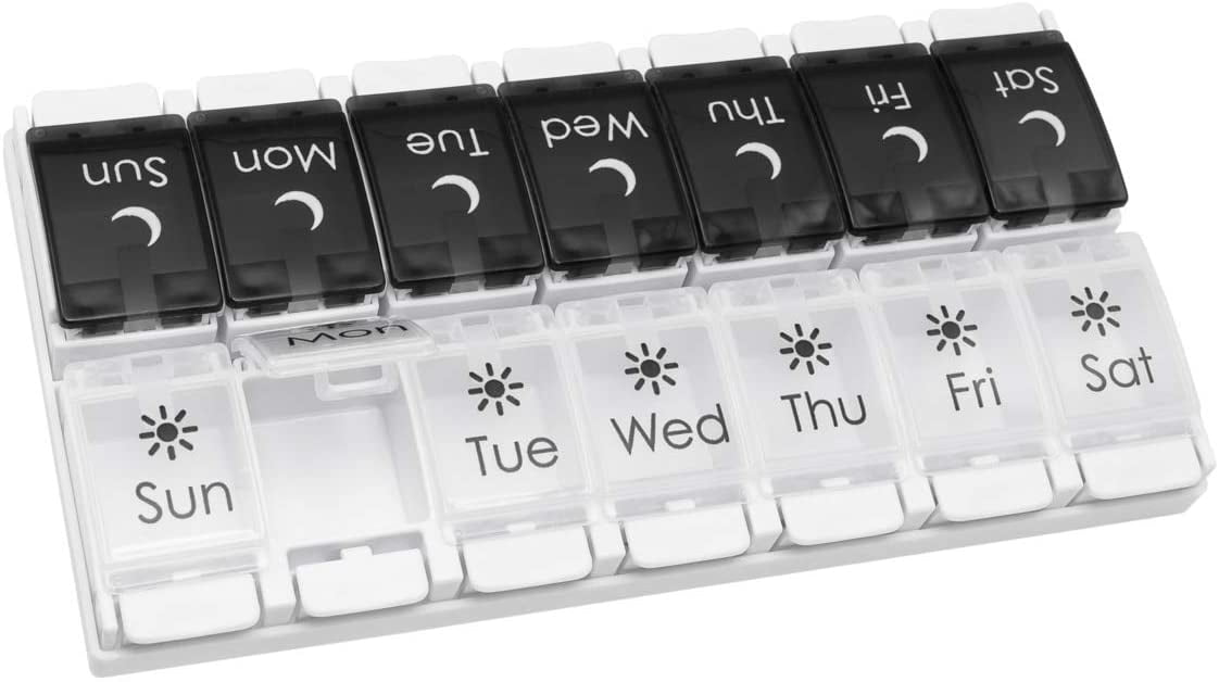 Ezy Dose Push Button Weekly ( 7-Day) Pill & Vitamin Organizer, AM/PM, Black and White