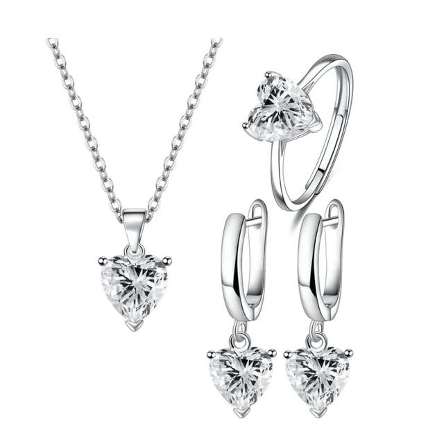 "Juego De Collar Corazón Anillo Aretes Joyería Mujer Belug Blanco "