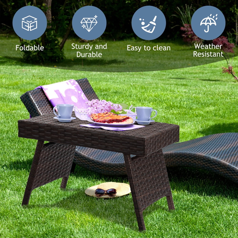 Aimee Lii Folding PE Rattan Side Coffee Table Patio Garden Furniture, Outdoor Patio Furniture, Brown