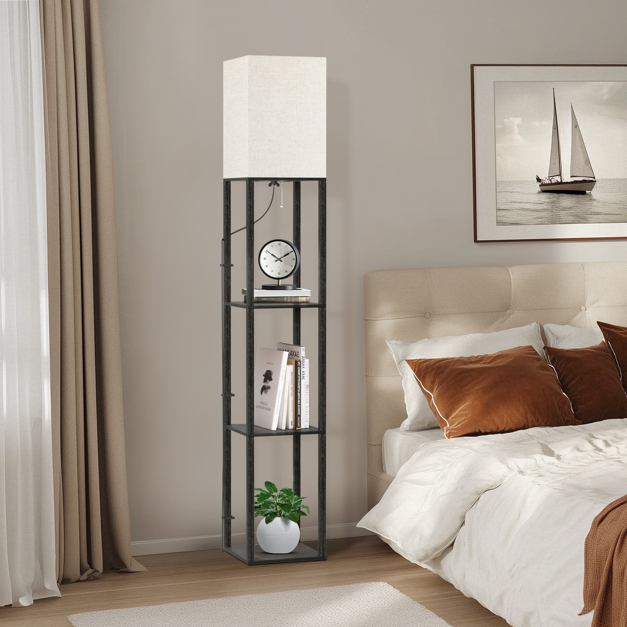 OUTON 63" Floor Lamp with Shelves, Modern Dimmable Standing Lamps with Remote Control for Living Room, Bedroom, Black