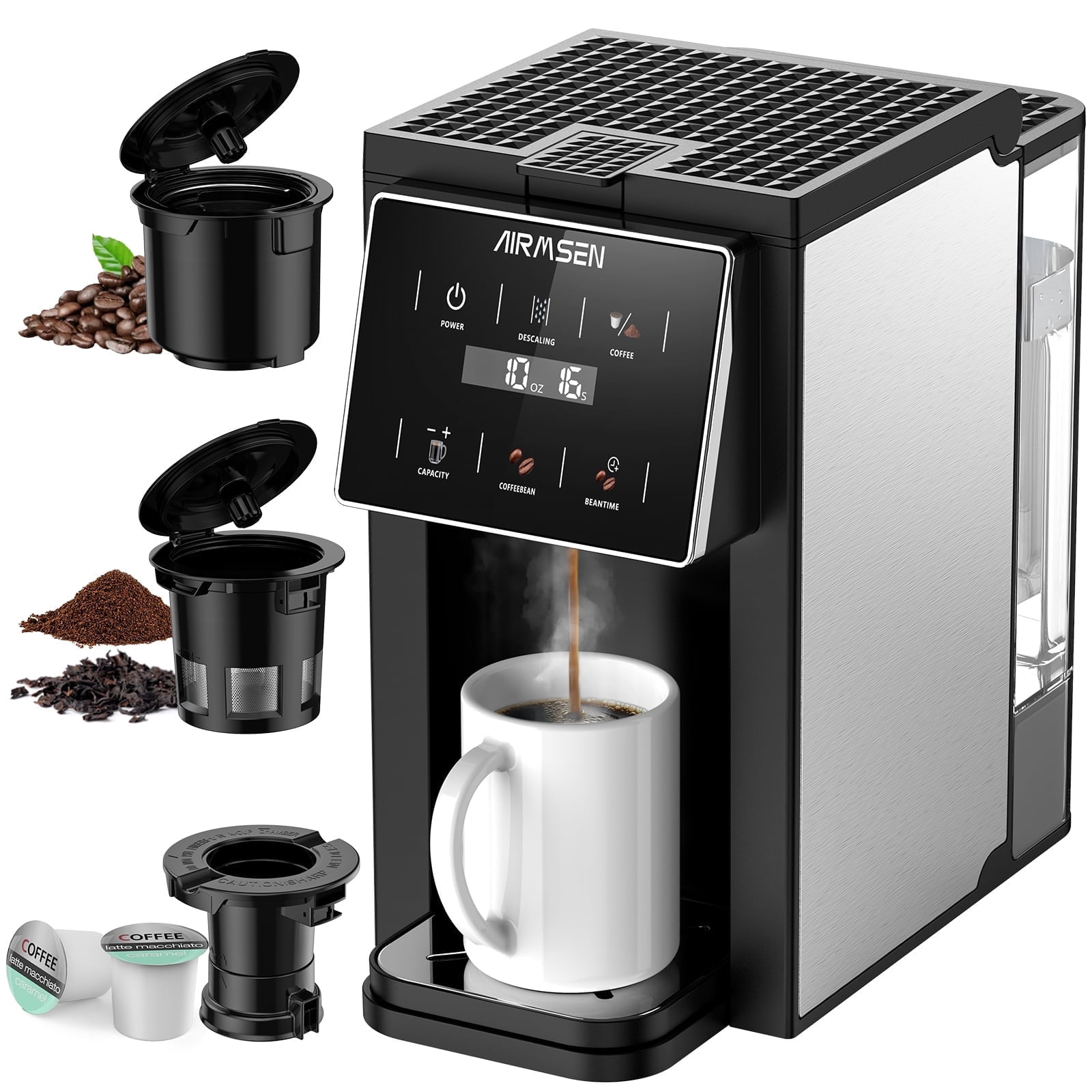 AIRMSEN 3 in 1 Single Serve Coffee Maker with Grinder, K Cup Coffee Machine Compatible with Grounds and Beans, Instant Coffee Pot with 6 Grind Levels & 6-14oz Cup Sizes, BPA-Free