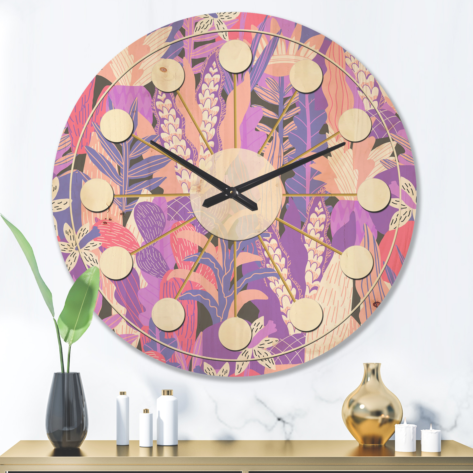 Designart 'Purple Fantasy Flowers' Mid-Century Modern Wood Wall Clock