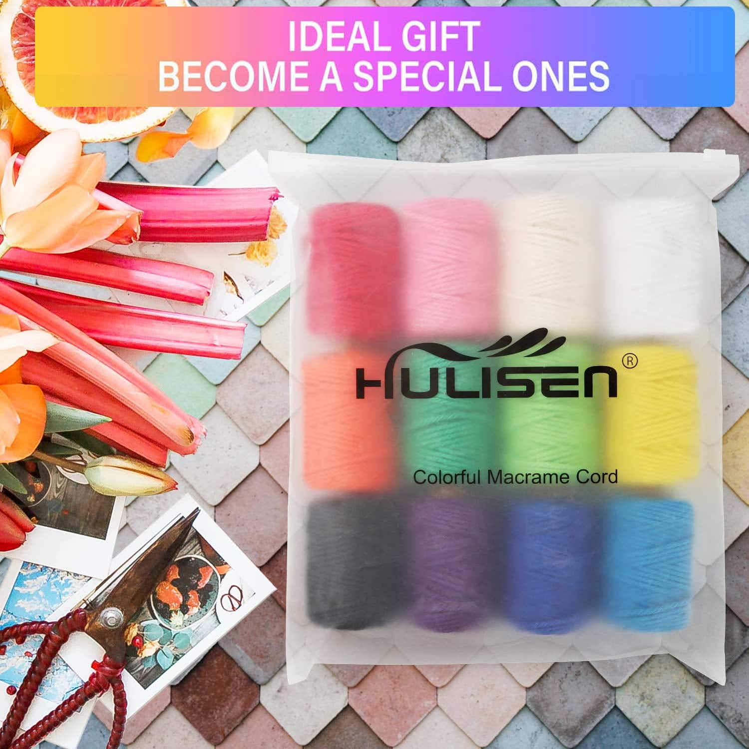 HULISEN Macrame Cord, 3mm Natural Cotton Twine, 12 Rolls 4 Strand Colored Macrame String