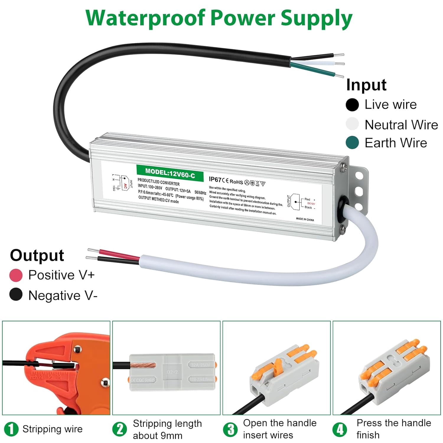Driver 60 watts, 12 power supply 5 waterproof 67, 120 AC to 12 DC converter, suitable for light strips, landscaping, garden and outdoor lighting