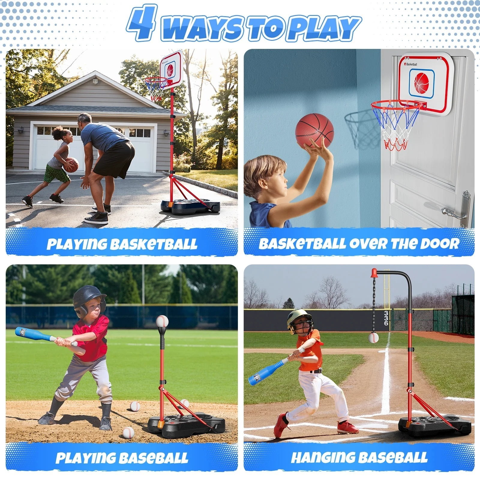UQN 3 In 1 Kids/Toddlers Basketball Hoop,Baseball&T-Ball Sets for Kids 3-5,Adjustable Height, Indoor/Outdoor Sports Toys Gifts for Boys Girls Ages 2 3 4 5 6 7 8 Years Old, Christmas Birthday Gift.