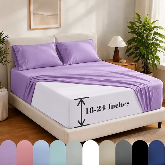 4pcs Bed Sheets Set, Purple Twin, Extra Deep Pocket Fitted Sheet Fits 18-24 Inches Mattress, Ultra Soft Breathable Bedding Set For Dorm Bedroom Back To School Season