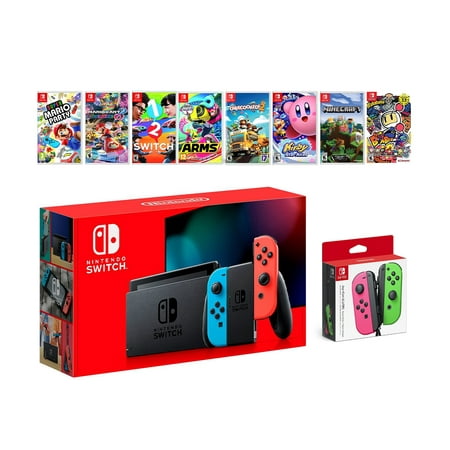 2019 New Nintendo Switch Red/Blue Joy-Con Console Multiplayer Party Game Complete Bundle, Neon Pink/Neon Green Joy-Con, 8 Must Play Games, Mario Party Kart 8 Deluxe 1-2 Switch and More!