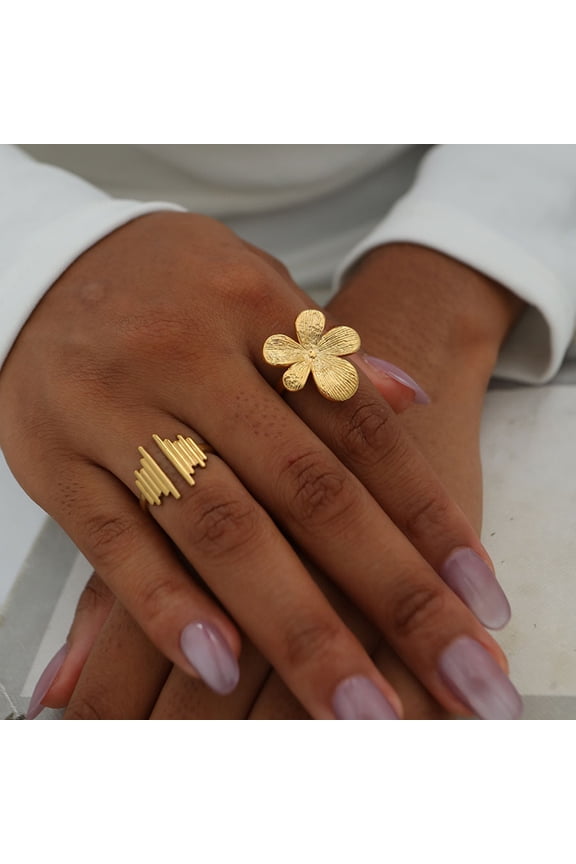 Gold Plated Oversized Flower Statement Ring + Vertical Bar Ring Set, Dainty Stackable Rings, Everyday Wear Jewelry Gift for Women