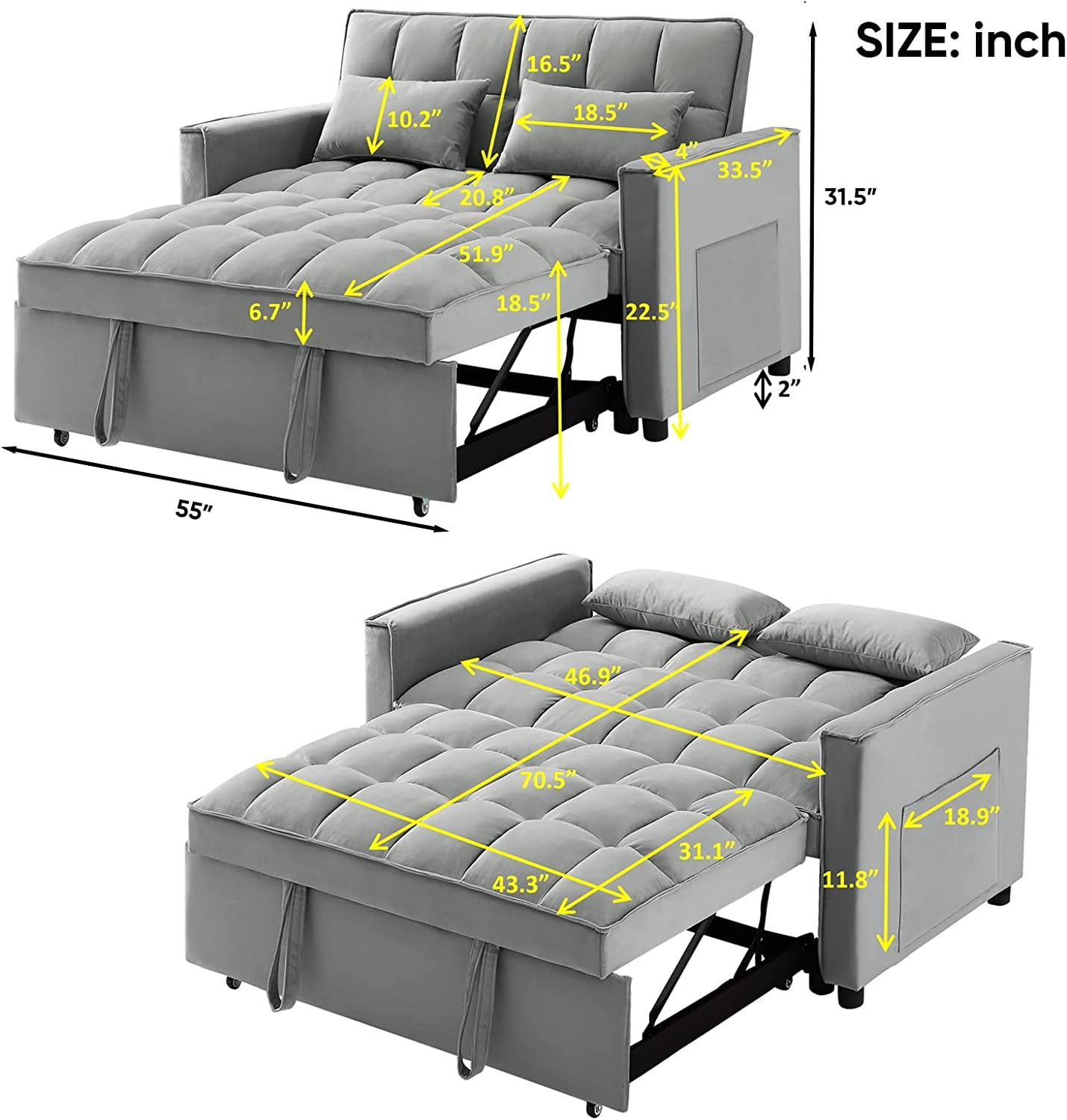 Muumblus 55" Pull Out Futon Sofa Bed, Convertible Sleeper Loveseat with Adjsutable Backrest, Modern Velvet Couch for apartment, Grey