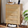 thumbnail image 2 of 4 Drawer Dresser for Bedroom, Rattan Chest of Dressers with Charging Station, Modern Dresser Chest with Golden Handles, Beside Table for Closet, Living Room and Entryway, Natural, 2 of 7