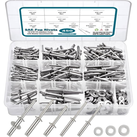 450Pcs 304 Stainless Steel Pop Rivets with Washers Assortment Kit,1/8" 3/16" 1/4" Assorted Blind Rivets 8 SAE Sizes,DIY/Home/Automotive Repairs