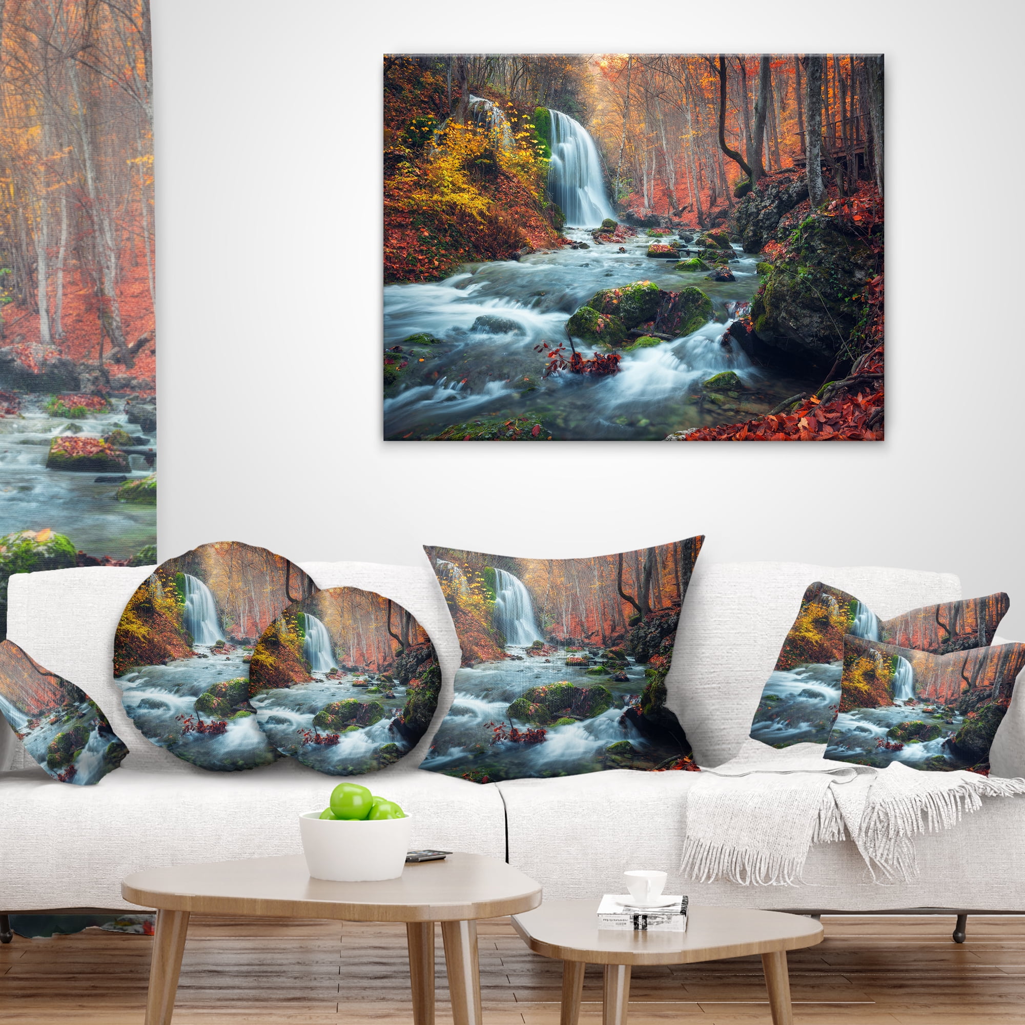 Designart Autumn Mountain Waterfall Long View - Landscape Photography Throw Pillow - 18x18