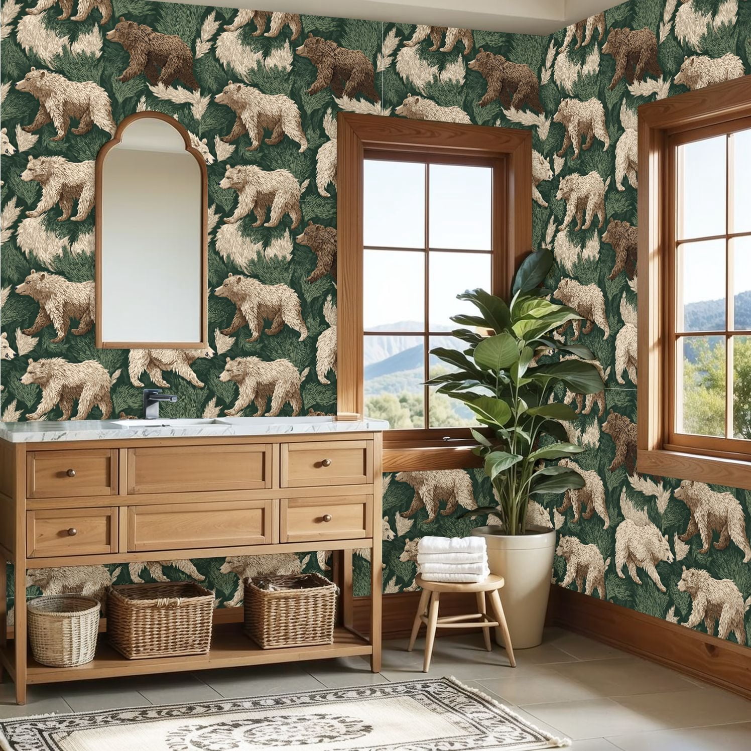 Peel and Stick Wallpaper Woodland Bear Fur Green Foliage Hunting Wildlife Vintage Wall Mural 23.6in x 9.8ft Self Adhesive Removable Wall Paper Renter Friendly Wallpaper for Nursery Bedroom Cabinets